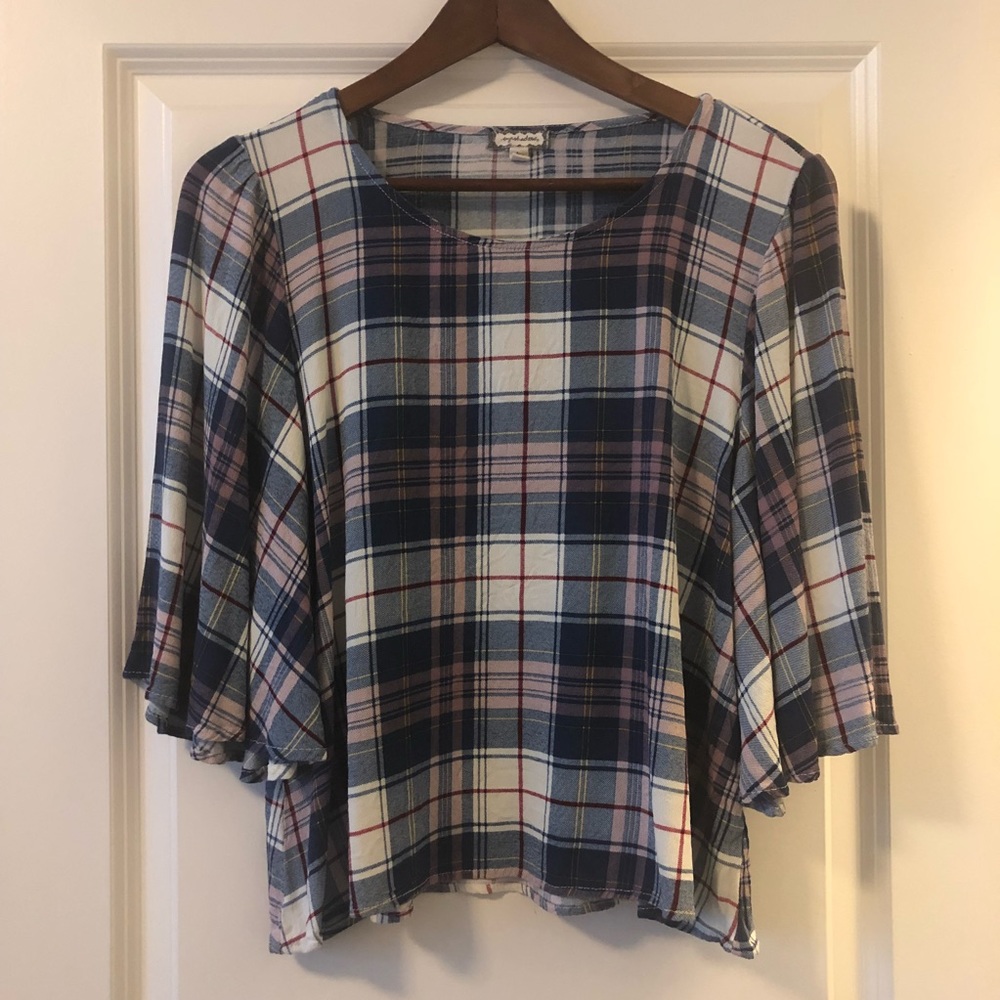 Wide Sleeve Plaid Top
